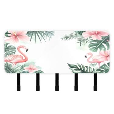 Imagem de Burbuja Porta-chaves flamingos de plantas tropicais com 5 ganchos, porta-chaves autoadesivo montado na parede, organizador de armazenamento de correio para entrada, decoração de casa