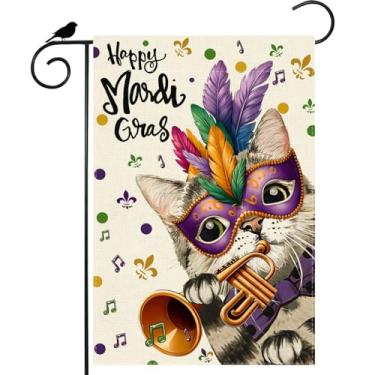 Imagem de ZAEW Máscara Gato Íris Flor de Lis Mardi Gras Bandeira de Jardim 30 x 45 cm Dupla Face Carnaval Pequena Bandeira de Quintal Exterior Decoração de Festa de Feriado
