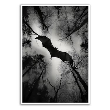 Imagem de Arte de parede em tela de morcego, pintura de floresta escura, arte de pássaro, preto e branco, pôster de paisagem gótica, imagens de morcegos, arte de parede de floresta gótica, arte de academia