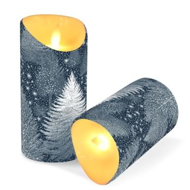 Imagem de ATTX Pacote com 2 velas brilhantes de abetos prateados sem chama – Velas de pilar de LED de 7,6 cm x 15 cm com controle remoto e temporizador para casa, casamento, decoração de acampamento #327