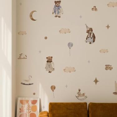 Imagem de LIWO Adesivos de parede Boho Vintage Cute Teddy Baby Sailboat Ball para decoração de quarto infantil neutro, decalques em aquarela de vinil DIY para bebês, berçário, arte de parede, presente