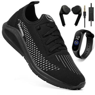 Imagem de Tênis Esportivo Academia Masculino Corrida Caminhada Preto Malhar Treino Confortável + Relógio +Fone-Unissex