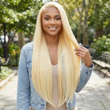 Imagem de Peruca frontal de renda reta de cabelo humano 76 cm, 33 x 4 sem cola, peruca frontal de renda transparente pré-arrancada, longa e reta para mulheres, ouro claro