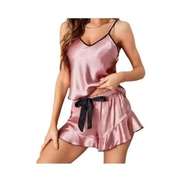 Imagem de Pijamas De Seda Lisa Para Mulheres, Conjunto De Pijama Com Decote Em V