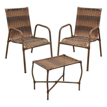 Imagem de Conjunto de Cadeiras com Mesa de Fibra Sintética Resistente Móveis para Área Externa Jardim e Pátio (Amêndoa)