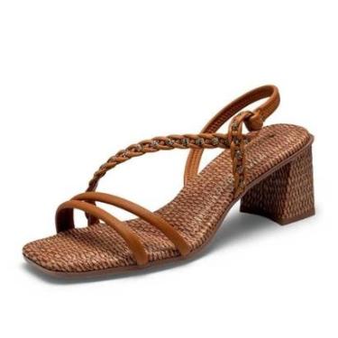 Imagem de Sandália Feminina Mississipi Salto Bloco com Tiras Trançadas Dourada ou Camel-Feminino