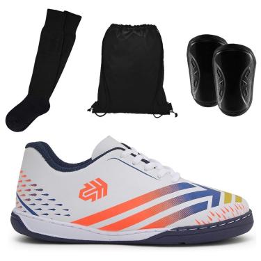 Imagem de Kit Tênis Infantil Futsal Chuteira Quadra Jogador Escolar Crianças + Caneleira Meião Mochila-Unissex