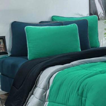 Imagem de Kit Edredom + Jogo De Lençol Malha 100% Algodão Urbano 7 Peças King - Verde Jade/Mescla/Azul Petroleo