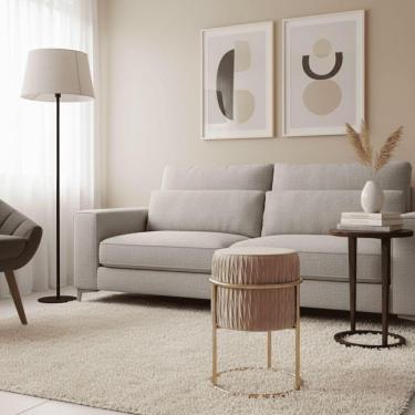 Imagem de Puff Redondo Decoração De Natal Base De Ferro Dourado Veludo Rosê F04 - D'rossi