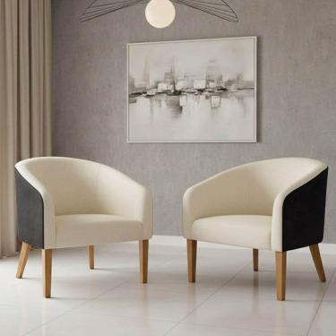 Imagem de Poltrona Sala Decorativa Kit 2 Stella Pé Madeira Trapézio Castanho Sintético Pu D03 - D'rossi Preto-linho Bege