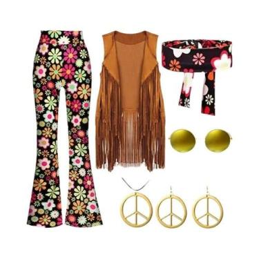 Imagem de Fantasia Feminina Hippie Disco Anos 60 E 70 Paz E Amor Com Franjas Ind