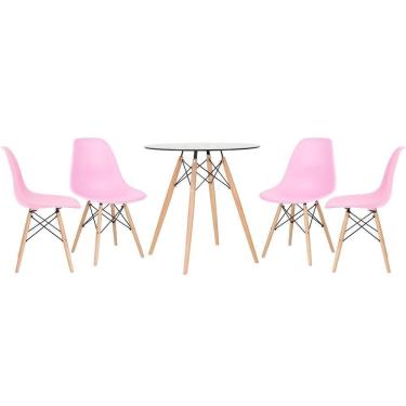 Imagem de Mesa Redonda Eames Com Tampo De Vidro 70 Cm + 4 Cadeiras Eiffel Dsw Rosa Claro