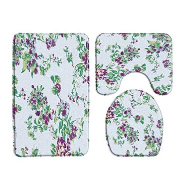 Imagem de Tapete de banho de flores roxas 3 peças conjunto planta floral tapete de banheiro decoração de banheira tapete antiderrapante produtos de banheiro, 1202x, 3 pcs tapetes, 450mmx750mm