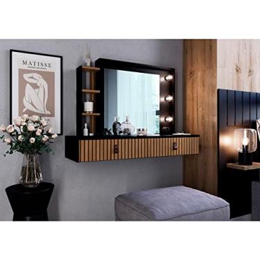 Imagem de Penteadeira Suspensa Puxador em Couro Espelho e Kit Lâmpadas Cor: Preto com Brise