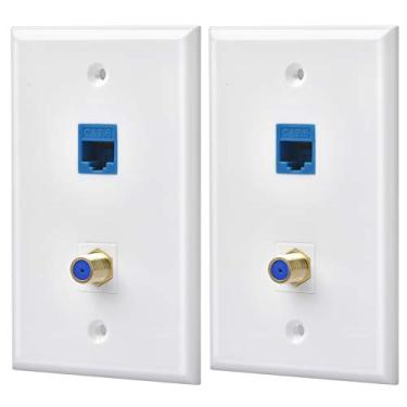 Imagem de HuaHengHT 2 pacotes de tomada Ethernet coaxial placa de parede com 1 porta Keystone Cat6 e 1 cabo banhado a ouro TV coaxial F tipo porta RJ45 fêmea para fêmea conector de rede direta placas de parede