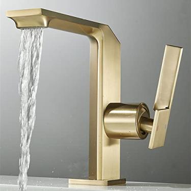 Imagem de Torneira de lavatório de latão sólido escova de ouro torneira de banheiro misturador de água fria e quente torneira de pia com alça única torneira montada no convés, escova de ouro