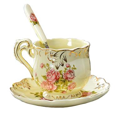 Imagem de Xícaras de chá e pires (rosa - 227 g), conjunto de xícaras e pires florais com colher, xícaras de chá vintage, conjunto de chá de porcelana, conjuntos de chá para mulheres, conjunto de xícaras de café