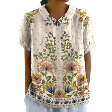 Imagem de Camiseta feminina de verão com estampa de flores e gola de boneca, blusas soltas, casuais, folgadas, estampas engraçadas, Caqui, 5G
