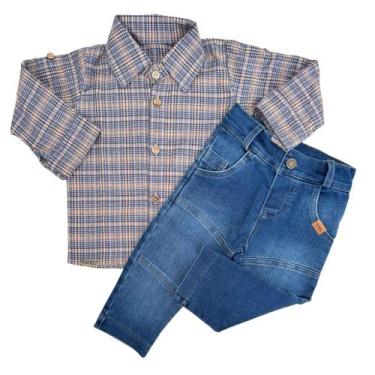Imagem de Conjunto Baby Masculino Com Camisa Xadrez Bebê e Calça Jeans Conforto 