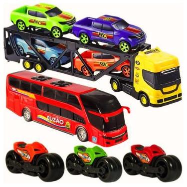 Imagem de Kit Carreta Cegonheira Caminhão Brinquedo Motinha Ônibus - Bs Toys