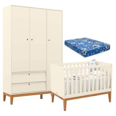 Imagem de Berço Americano e Guarda Roupa Unique 3 Portas Off White Eco Wood com Colchão Ortobom - Matic