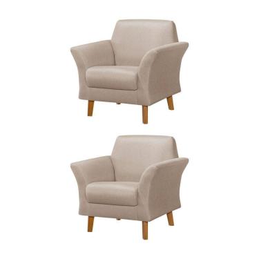 Imagem de Kit 2 Poltronas Retrô Pés Em Madeira Maciça Jamaica Linho Bege - Bege