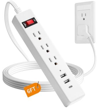 Imagem de Makevivi Cabo De Extensão Com Plugue Plano, Filtro Linha Protetor Contra Surtos 6 Pés, 3 Tomadas Ca E Portas Usb (1 Usb-C), Para Usar Atrás Da Cama, Casa, Escritório, Dormitório, Branco