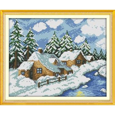 Imagem de Benway Kit de bordado de ponto cruz pré-impresso estampado de 11 CT para casa de conto de fadas de inverno, árvore de rio de neve, 37 × 29 cm (14,57" x 11,42")