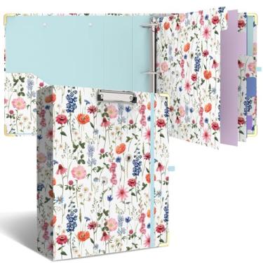 Imagem de Fichário de 3 anéis, fichário redondo de 5 cm com 6 divisórias de abas, prancheta fofa com armazenamento (flores silvestres)