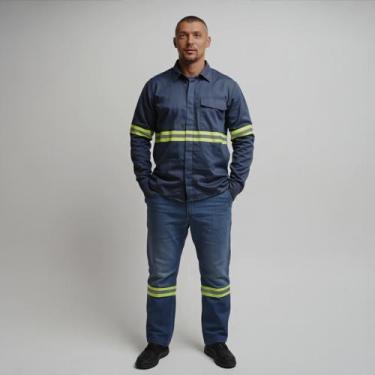 Imagem de Kit Conjunto Uniforme Camisa e Calça Jeans Brim Com Faixa Refletiva Co