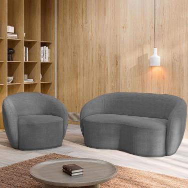 Imagem de Conjunto 1 Sofá Living 160cm e 1 Poltrona Decorativa Sala de Estar Íbis Encosto Fixo Bouclê  Grafite G33 - Gran Belo