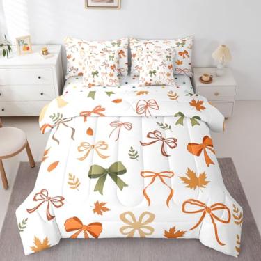 Imagem de Erosebridal Jogo de cama com laço em uma bolsa, solteiro, 7 peças, folhas de outono, com laço colorido, para crianças, meninos, meninas, casa de fazenda, conjunto de lençol com edredom