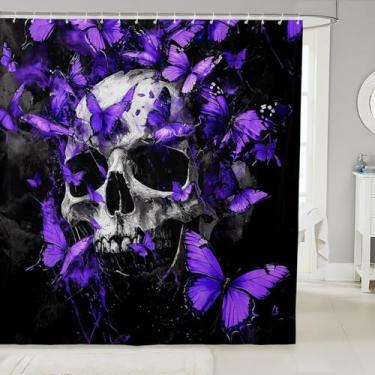 Imagem de Feelyou Cortina de chuveiro de caveira de açúcar para decoração de banheiro cortina de banho borboleta roxa acessórios de banheiro gótico tecido de poliéster impermeável para barracas banheiras 183 cm