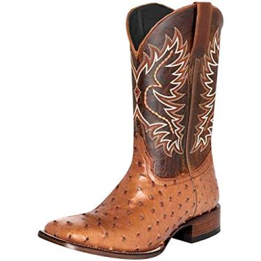 Imagem de Bigfanshu Botas masculinas bordadas com estampa de avestruz cano médio moda salto grosso étnico bico quadrado caubói botas masculinas mocassins sem cadarço cano baixo botas chukka, Marrom, 37 BR G
