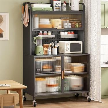 Imagem de Prateleira De Padeiro Com Armário De Porta Flip, Padrão De Micro-ondas De 5 Andares Com Acessórios De Painel De Perfuração, Grandes Prateleiras De Armazenamento, Bianco, L:80cm/31.5in