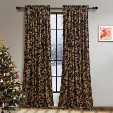 Imagem de StangH Cortinas De Veludo Dourado Com 96" Comprimento, Estampa Floral Vintage, Decoração Para Casa, Painéis Escurecimento Térmico Sala Estar, Porta Correr/Cenário, L52 X C96, 2