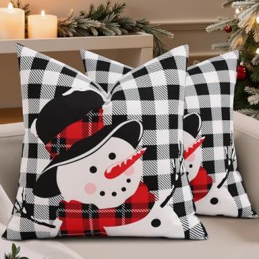 Imagem de decorUhome Conjunto de 2 capas de almofada decorativas de linho de boneco de neve preto e branco de Natal 50 x 50 cm, xadrez búfalo xadrez xadrez guingão capas de almofada com borda costurada para