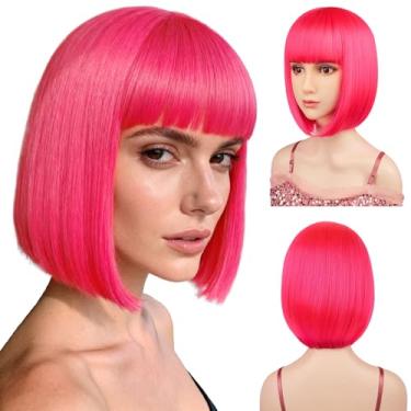 Imagem de Sarannala Peruca Bob com franja plana inclui touca de 30 cm rosa choque perucas de cabelo de fibra sintética resistente ao calor para mulheres, meninas, festa à fantasia de Halloween (rosa choque)
