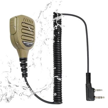 Imagem de Microfone de alto-falante de ombro universal para rádios bidirecionais portáteis compatível com botão UV-5R BF-F8HP UV-5G Plus UV-K5 PTT e clipe seguro para uso profissional ao ar livre (bronzeado do