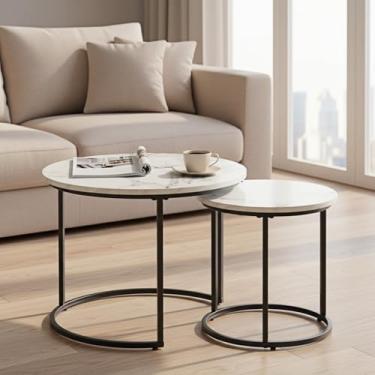 Imagem de Conjunto de 2 mesas de centro redondas com padrão de mármore moderno, mesa de canto minimalista empilhável para sala de estar, quarto, espaço pequeno, branco e preto