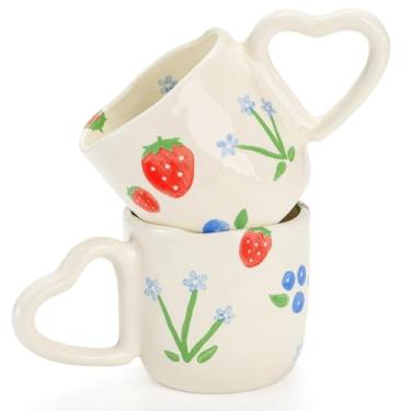 Imagem de Cididu Pacote com 2 canecas de café de cerâmica, canecas fofas de chocolate quente de 293 ml com alça em forma de coração, caneca de latte estética feita à mão para o dia das mães, novidade xícara de