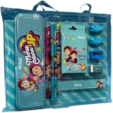 Imagem de Kit para escola, com estojo, lapis, borracha, caneta, caderno, regua, mochila, azul.