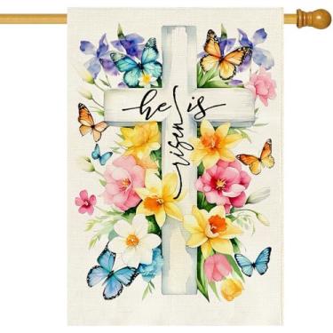 Imagem de Baccessor He is Risen Bandeira da casa de Páscoa serapilheira dupla face 71 x 101 cm fora, lírios religiosos da Páscoa, tulipa borboleta, cruz, cristã, grande bandeira de jardim, serapilheira