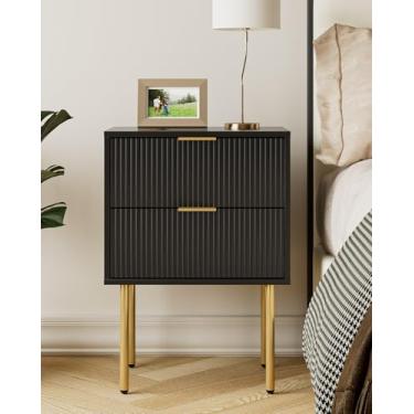 Imagem de Aienvey Mesa de cabeceira, mesa de cabeceira moderna com gavetas, mesa de cabeceira, mesa lateral pequena dourada para quarto, mesa de canto de sala de estar (listras pretas, 2 gavetas)