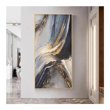 Imagem de Arte de parede em tela abstrata com texturado e folha dourada pinturas modernas do oceano imagens do mar arte costeira contemporânea - (55 x 110 cm) moldura interna de 22 x 43 polegadas