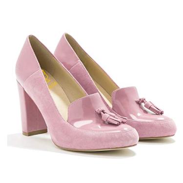 Imagem de LEHOOR Sapato feminino de salto alto com franjas, salto grosso, bico redondo, mocassins sem cadarço com franja camurça couro envernizado patchwork para mulheres meninas escritório 34-15 M EUA, rosa,