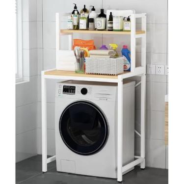 Imagem de FGDSEEEKJUFHH Rack de armazenamento de lavanderia e varanda de banheiro, prateleira de armazenamento para secadora de roupas, camada dupla, material de aço carbono, placa de madeira maciça (pequena)