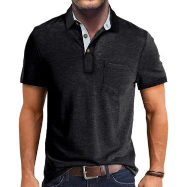 Imagem de Camisa polo masculina atlética de manga curta casual com absorção de umidade camisetas de golfe com colarinho e bolso, Preto, M