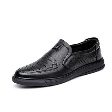 Imagem de Tênis de verão respirável de couro legítimo, sola macia, casual, para dirigir com design vazado, Preto, 36