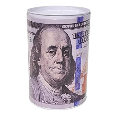 Imagem de 8.25” Reusable and Durable 100 Dollar Bill Piggy Bank Tall Coin Metal Money Saving Currency Benjamin Franklin Note Tin Can Banknote Jar (1PC)